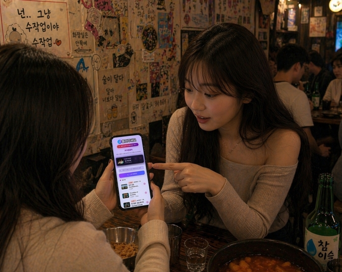 손님들이 틀어주세요 앱으로 신청곡을 신청하는 모습